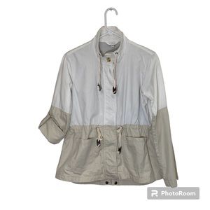 Charming Charlie Womens Cargo Jacket M White & Beige 100% Cotton Roll Tab Sleeve